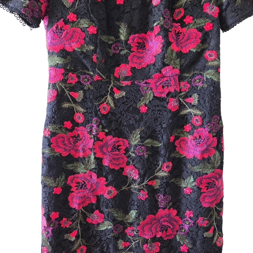 Trina Turk Women's Dress Floral Red Black Size 10 Lace Midi Length Embroidered - Picture 9 of 16